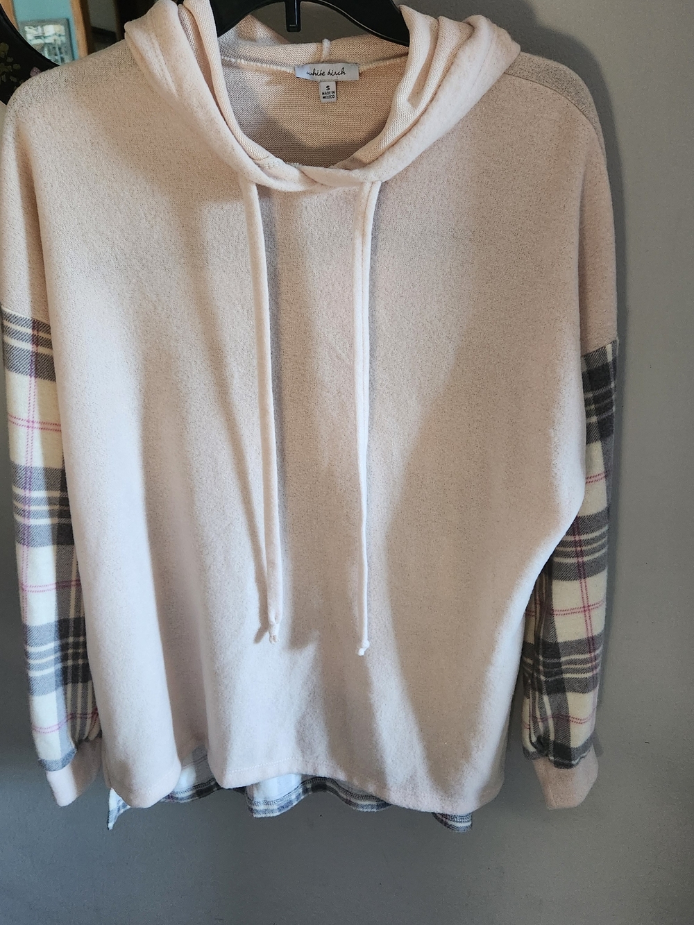 White Birch Soft Cream Hooded Pullover with Plaid Sleeves & Back